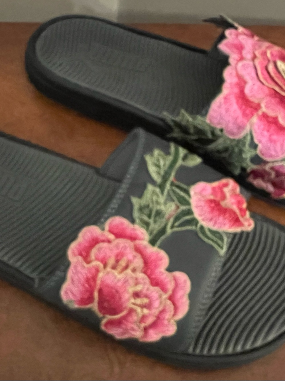 Puma Black Slide Sandals with Pink Floral Embroidery - Picture 2 of 3